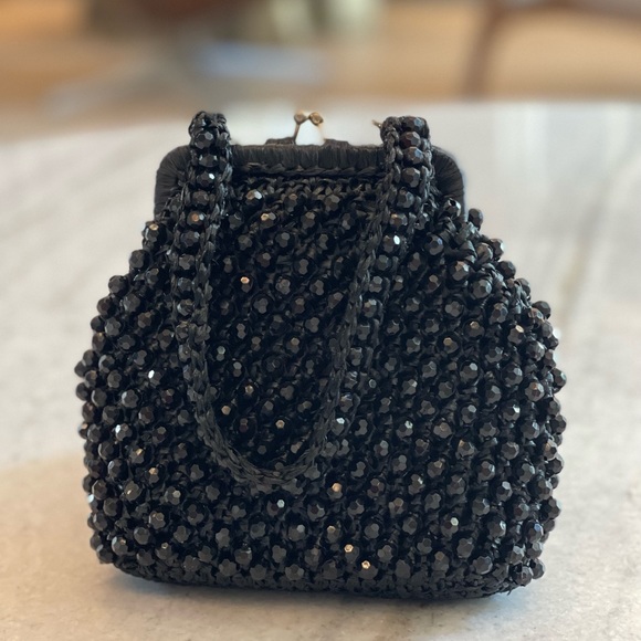 Retro Vintage Small Delia Black Beaded Frame Satchel Purse Hand Made In Italy - Picture 3 of 11